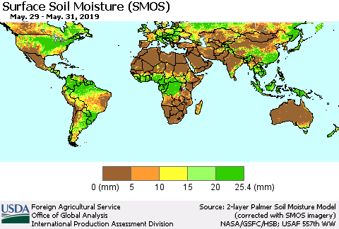 World Surface Soil Moisture (SMOS) Thematic Map For 5/27/2019 - 6/2/2019