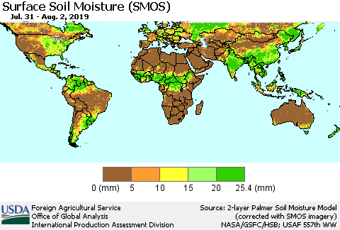 World Surface Soil Moisture (SMOS) Thematic Map For 7/29/2019 - 8/4/2019