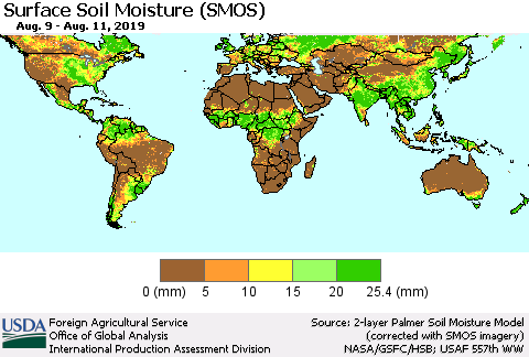 World Surface Soil Moisture (SMOS) Thematic Map For 8/5/2019 - 8/11/2019