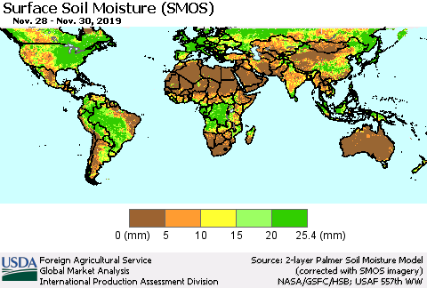 World Surface Soil Moisture (SMOS) Thematic Map For 11/25/2019 - 12/1/2019