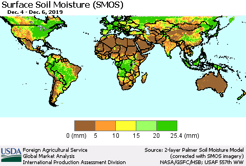 World Surface Soil Moisture (SMOS) Thematic Map For 12/2/2019 - 12/8/2019