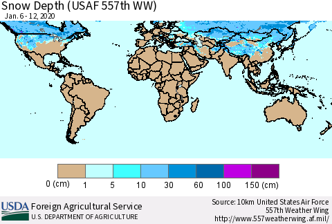 World Snow Depth (USAF 557th WW) Thematic Map For 1/6/2020 - 1/12/2020