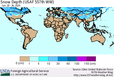 World Snow Depth (USAF 557th WW) Thematic Map For 1/20/2020 - 1/26/2020