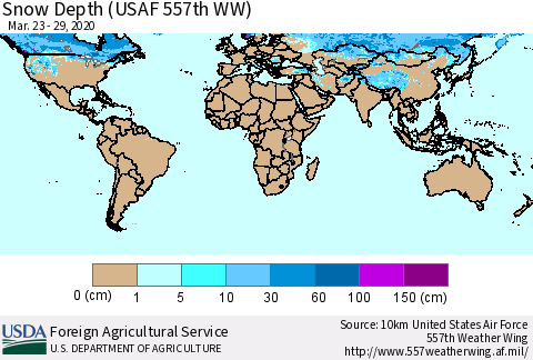 World Snow Depth (USAF 557th WW) Thematic Map For 3/23/2020 - 3/29/2020