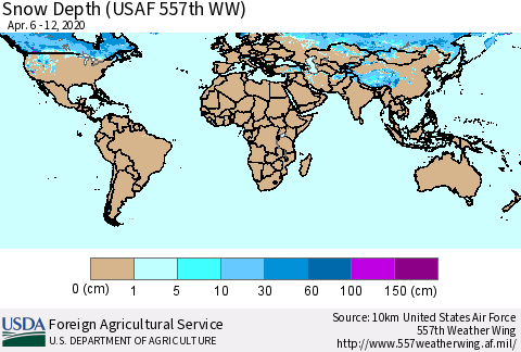 World Snow Depth (USAF 557th WW) Thematic Map For 4/6/2020 - 4/12/2020