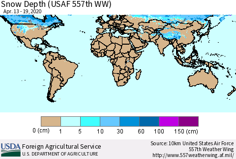 World Snow Depth (USAF 557th WW) Thematic Map For 4/13/2020 - 4/19/2020