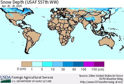 World Snow Depth (USAF 557th WW) Thematic Map For 4/20/2020 - 4/26/2020