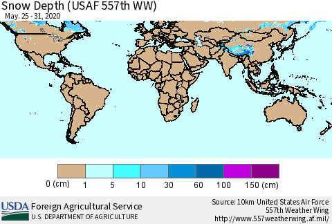World Snow Depth (USAF 557th WW) Thematic Map For 5/25/2020 - 5/31/2020