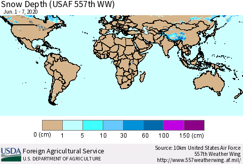 World Snow Depth (USAF 557th WW) Thematic Map For 6/1/2020 - 6/7/2020