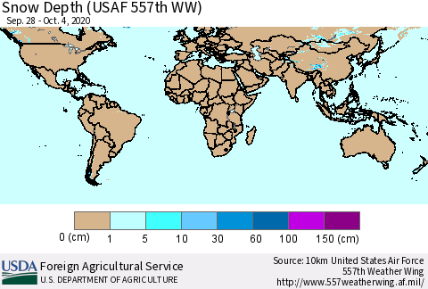 World Snow Depth (USAF 557th WW) Thematic Map For 9/28/2020 - 10/4/2020