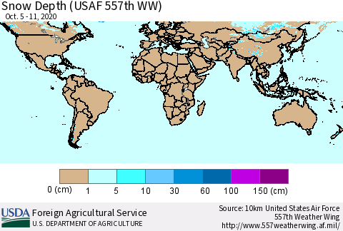 World Snow Depth (USAF 557th WW) Thematic Map For 10/5/2020 - 10/11/2020