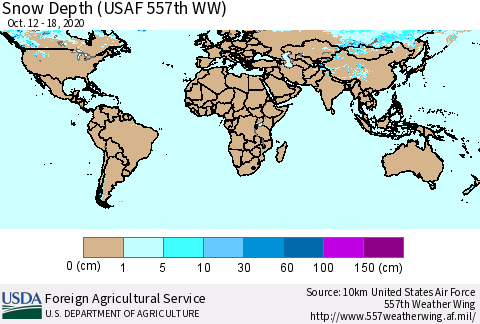 World Snow Depth (USAF 557th WW) Thematic Map For 10/12/2020 - 10/18/2020
