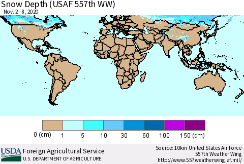 World Snow Depth (USAF 557th WW) Thematic Map For 11/2/2020 - 11/8/2020