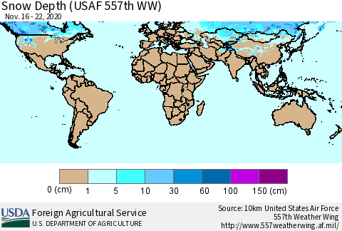 World Snow Depth (USAF 557th WW) Thematic Map For 11/16/2020 - 11/22/2020