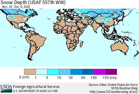 World Snow Depth (USAF 557th WW) Thematic Map For 11/30/2020 - 12/6/2020
