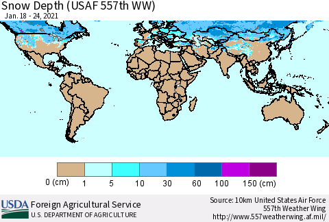 World Snow Depth (USAF 557th WW) Thematic Map For 1/18/2021 - 1/24/2021
