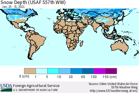 World Snow Depth (USAF 557th WW) Thematic Map For 1/25/2021 - 1/31/2021