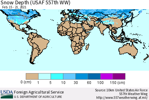 World Snow Depth (USAF 557th WW) Thematic Map For 2/15/2021 - 2/21/2021