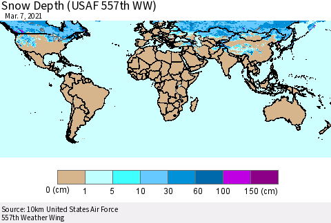 World Snow Depth (USAF 557th WW) Thematic Map For 3/1/2021 - 3/7/2021