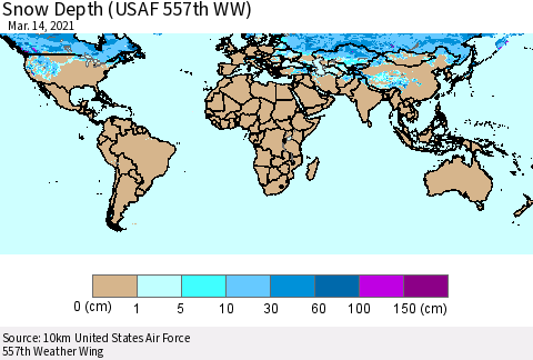 World Snow Depth (USAF 557th WW) Thematic Map For 3/8/2021 - 3/14/2021