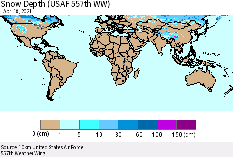 World Snow Depth (USAF 557th WW) Thematic Map For 4/12/2021 - 4/18/2021