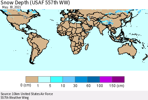 World Snow Depth (USAF 557th WW) Thematic Map For 5/24/2021 - 5/30/2021