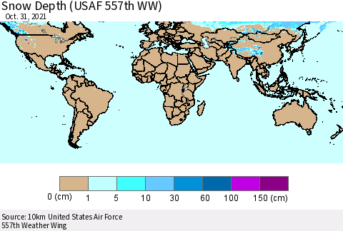 World Snow Depth (USAF 557th WW) Thematic Map For 10/25/2021 - 10/31/2021