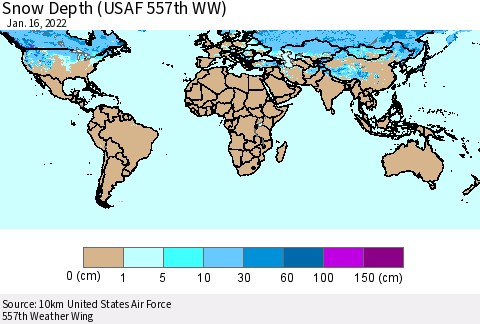 World Snow Depth (USAF 557th WW) Thematic Map For 1/10/2022 - 1/16/2022