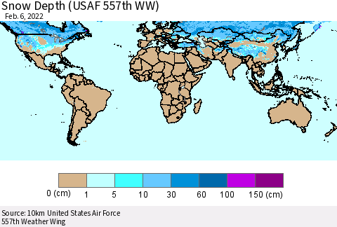 World Snow Depth (USAF 557th WW) Thematic Map For 1/31/2022 - 2/6/2022