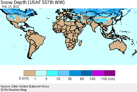 World Snow Depth (USAF 557th WW) Thematic Map For 2/7/2022 - 2/13/2022