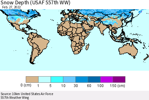 World Snow Depth (USAF 557th WW) Thematic Map For 2/21/2022 - 2/27/2022