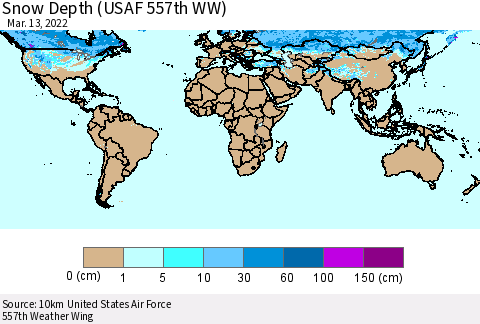 World Snow Depth (USAF 557th WW) Thematic Map For 3/7/2022 - 3/13/2022