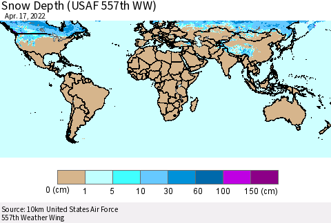 World Snow Depth (USAF 557th WW) Thematic Map For 4/11/2022 - 4/17/2022