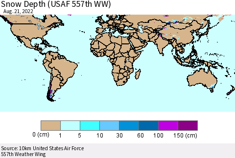World Snow Depth (USAF 557th WW) Thematic Map For 8/15/2022 - 8/21/2022
