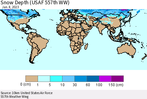 World Snow Depth (USAF 557th WW) Thematic Map For 1/2/2023 - 1/8/2023