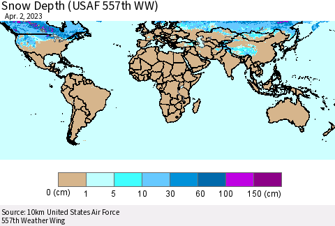 World Snow Depth (USAF 557th WW) Thematic Map For 3/27/2023 - 4/2/2023