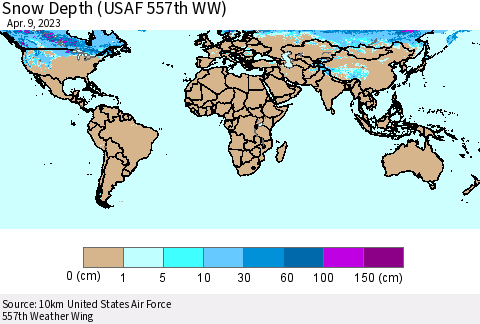 World Snow Depth (USAF 557th WW) Thematic Map For 4/3/2023 - 4/9/2023