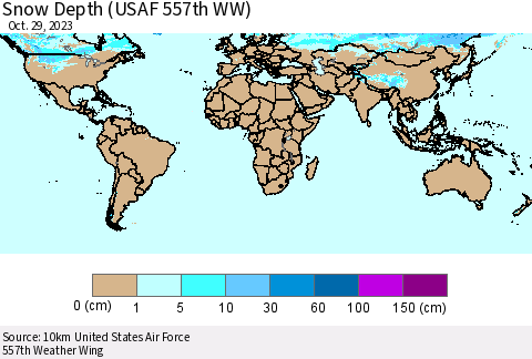 World Snow Depth (USAF 557th WW) Thematic Map For 10/23/2023 - 10/29/2023