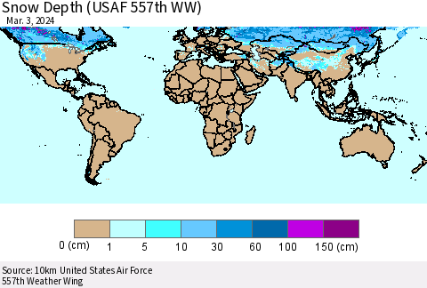 World Snow Depth (USAF 557th WW) Thematic Map For 2/26/2024 - 3/3/2024