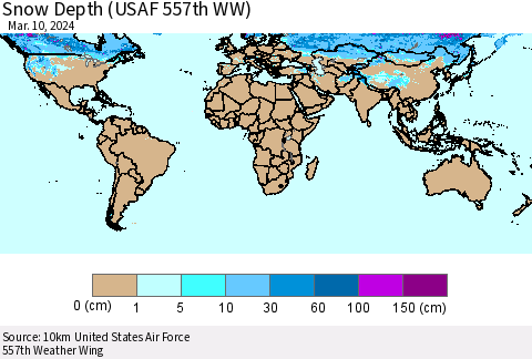 World Snow Depth (USAF 557th WW) Thematic Map For 3/4/2024 - 3/10/2024