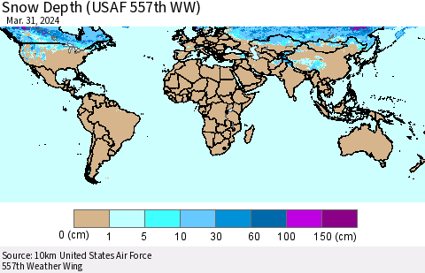 World Snow Depth (USAF 557th WW) Thematic Map For 3/25/2024 - 3/31/2024