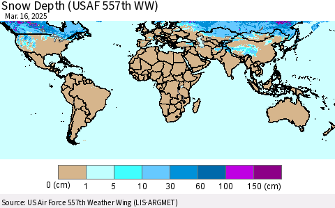 World Snow Depth (USAF 557th WW) Thematic Map For 3/10/2025 - 3/16/2025
