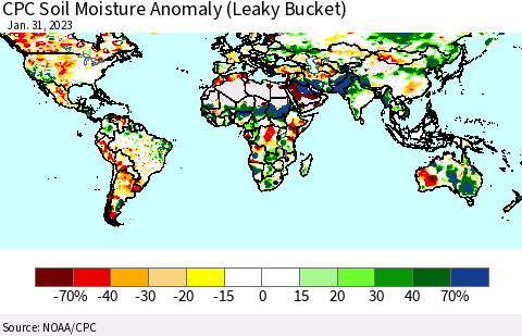 World CPC Soil Moisture Anomaly (Leaky Bucket) Thematic Map For 1/26/2023 - 1/31/2023