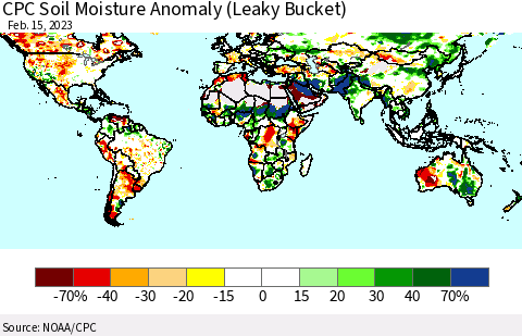 World CPC Soil Moisture Anomaly (Leaky Bucket) Thematic Map For 2/11/2023 - 2/15/2023