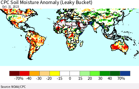 World CPC Soil Moisture Anomaly (Leaky Bucket) Thematic Map For 10/26/2023 - 10/31/2023