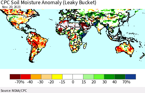 World CPC Soil Moisture Anomaly (Leaky Bucket) Thematic Map For 11/16/2023 - 11/20/2023