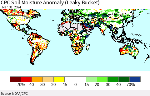 World CPC Soil Moisture Anomaly (Leaky Bucket) Thematic Map For 3/26/2024 - 3/31/2024