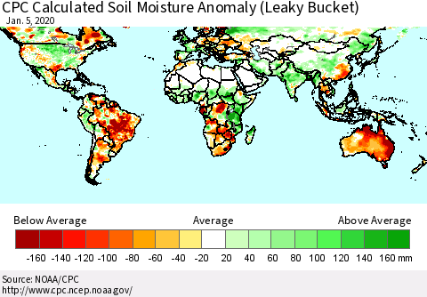 World CPC Soil Moisture Departure from Normal (Leaky Bucket) Thematic Map For 1/1/2020 - 1/5/2020