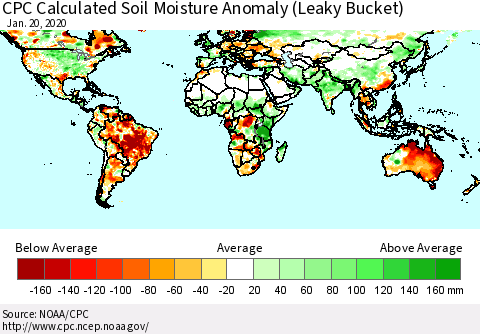 World CPC Soil Moisture Departure from Normal (Leaky Bucket) Thematic Map For 1/16/2020 - 1/20/2020