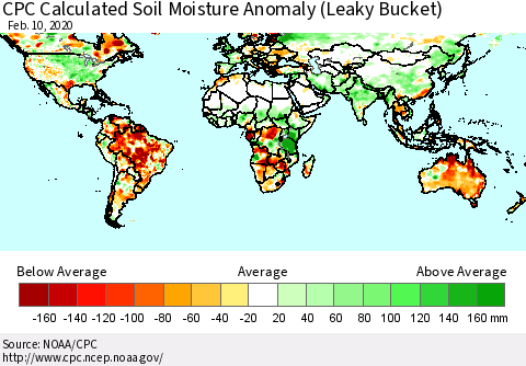 World CPC Soil Moisture Departure from Normal (Leaky Bucket) Thematic Map For 2/6/2020 - 2/10/2020